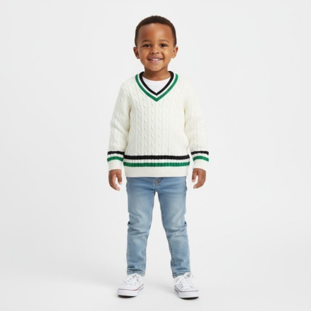 Kids Cable Knit V Neck Sweater Cream Green Black Stripe Long Sleeve 18/24 m